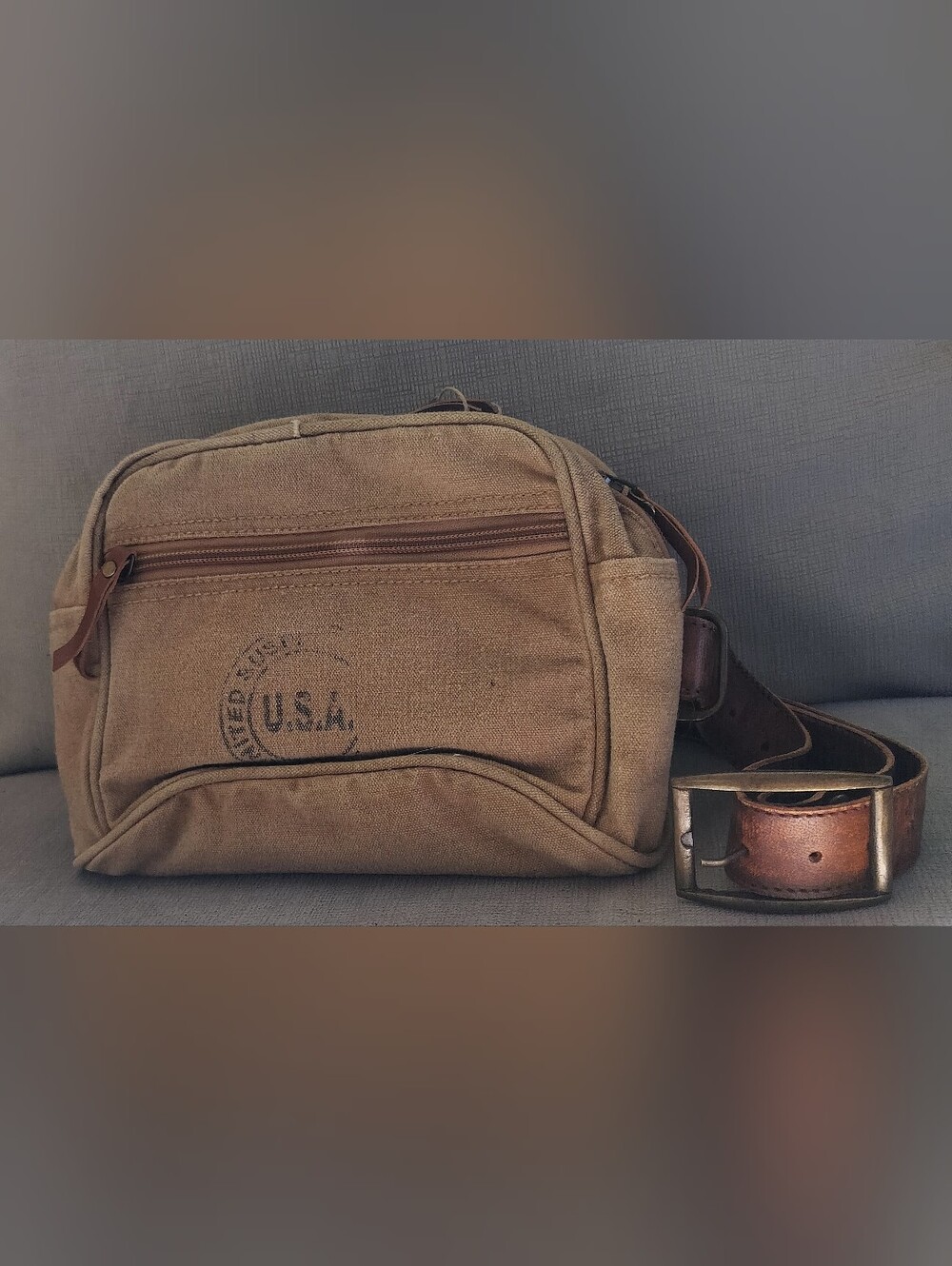 Clea Ray Canvas Fanny Pack in Khaki With Leather Belt.
